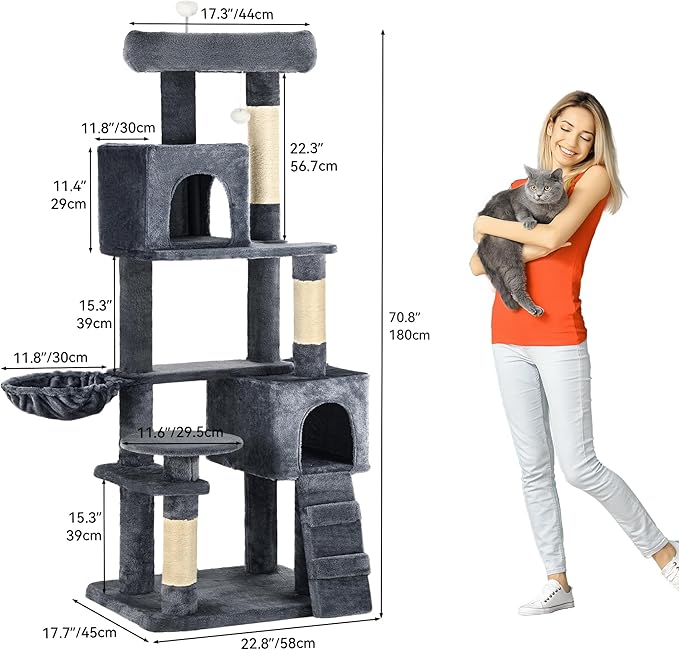 YITAHOME Heavy Duty 180 cm Tall Cat Trees for Large Cats,Sturdy 70.8in Maine Coon cat Tree for Indoor Cats Large Adult Cat Tower with Scratching Post, Hammock for Adult Cats Kittens, Dark Gray