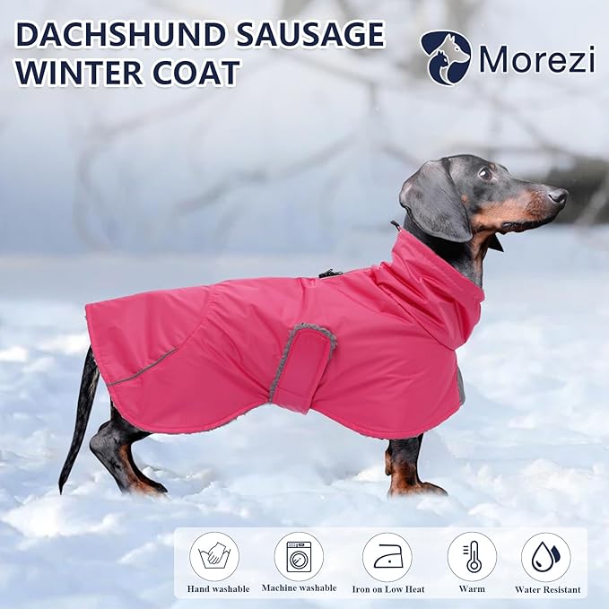Dachshund Coats Waterproof, Perfect for Dachshunds, Sausage, Weiner Dog Winter Coat with Padded Fleece, Puppy Snowsuit with Adjustable Bands and High Vis Reflective Trim - Pink - S