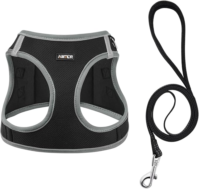 AMTOR Small Dog Harness with Leash Set, No Escape Easy Walk Puppy Harnesses for Training Walking, Step-in Reflective Soft Dogs Vest for XS S Medium Extra-Small Large Sized Dog(M,Black/Grey)