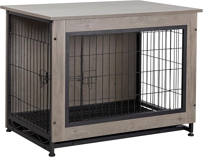 Shintenchi Wooden Dog Crate Furniture for Large Breed, L Double-Door Kennel Indoor with Removable Tray, End Table L Dog Crate for Decoration, 38.6" L, Grey