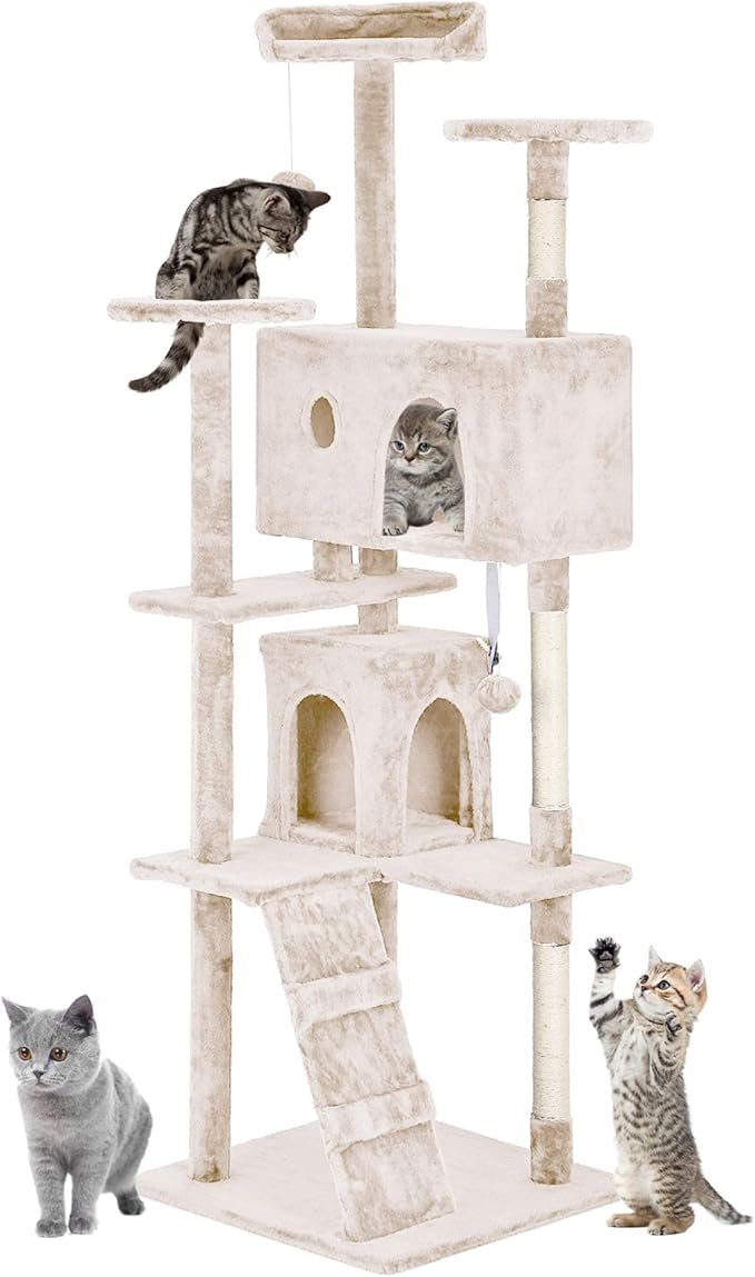 24/7 Shop at Home Court 70 inch Multi-Level Cute Cat Tree Tower with Dangling Ball and Scratching Posts for Indoor Cats Adults, Kitten Supplies, Pet House, Beige