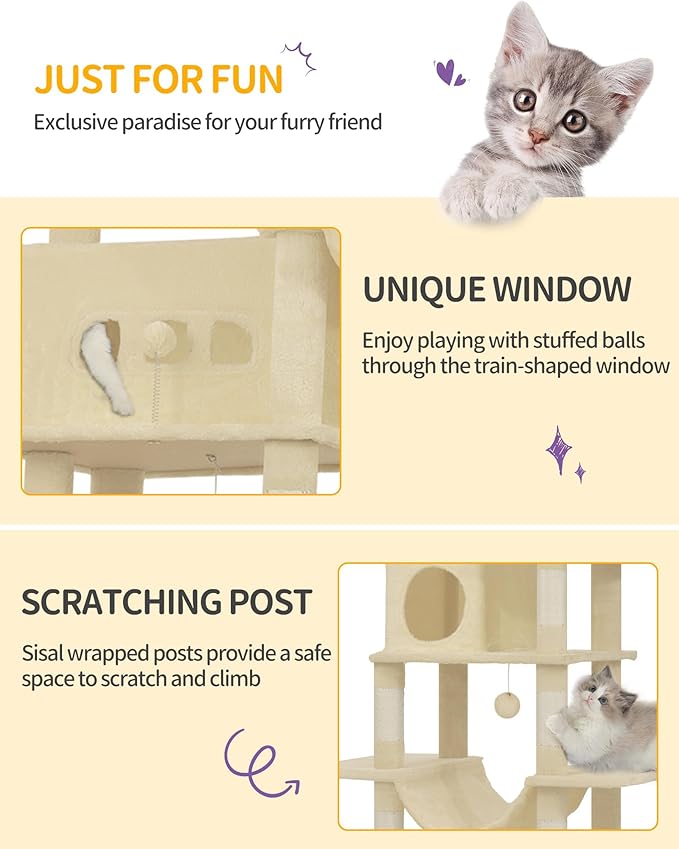 Cat Tree, 82.6" Large Cat Tower for Indoor Cats, Multi-Level Cat House with Condo, 8 Scratching Posts, Hammock, 4 Pom Poms, Beige MS21018YL
