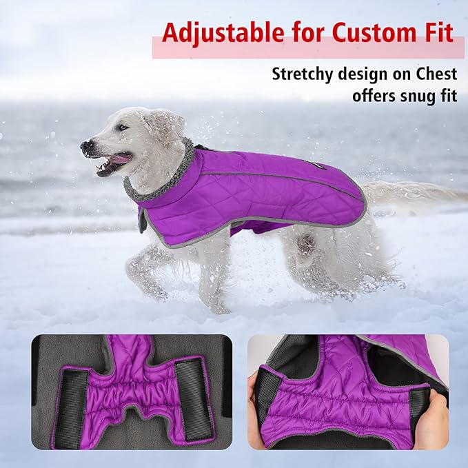 Fragralley Dog Coat Large, Waterproof Dog Jacket with Warm Fleece Lining, Adjustable Reflective Dogs Winter Coat, Turtleneck Pet Coats for Cold Weather (Purple XL)