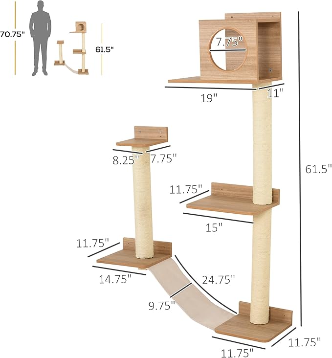 PawHut Wall-Mounted Multi-Level Cat Tree Activity Tower with Sisal-Covered Scratching Posts & an Interior Condo Area