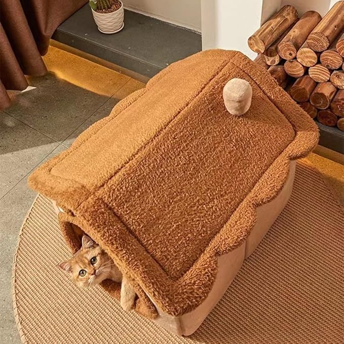 Cat Bed for Indoor Cats,Cozy Cat Cave Bed Cat House Cat Tent with Removable Cushion Pillow,Soft Warm Pet House Puppy Bed,Cute Bear Pet Nest for Cat Kitten Small Dogs (Brown, L-20.5x16.9x19.7 Inches)
