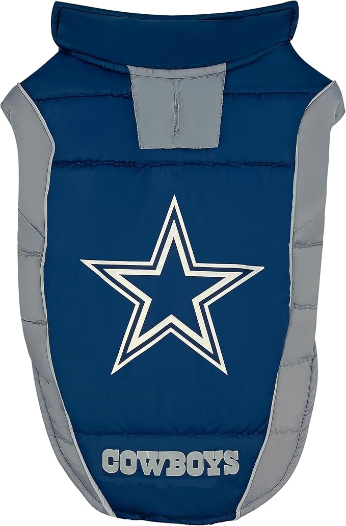 NFL Dallas Cowboys Puffer Vest for Dogs & Cats, Size Small. Warm, Cozy, and Waterproof Dog Coat, for Small and Large Dogs/Cats. Best NFL Licensed PET Warming Sports Jacket
