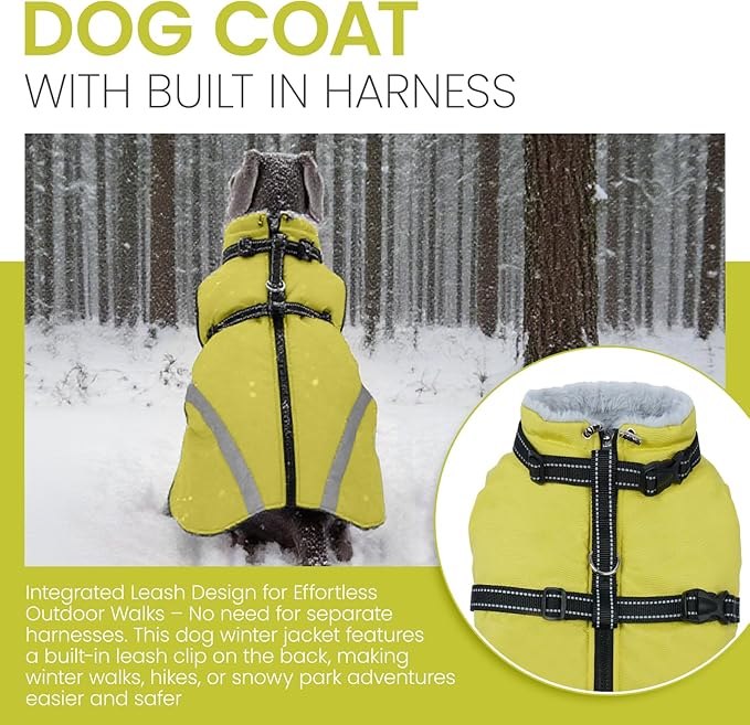 QBLEEV Warm Dog Coat for Medium Dogs, Waterproof Dog Winter Jacket with Built-in Harness & Reflective, Snowproof Warm Coat with Zip Closure, Windproof Neck Drawcord Snow Jackets, Green, L