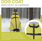 QBLEEV Large Dog Coat, Big Dog Winter Jacket for Large Dogs, XXX-Large Waterproof Cold Weather Snow Vest with Zip & Reflective, Windproof Built-in Harness Warm Fleece Snowsuit Clothes, Green, XXXL