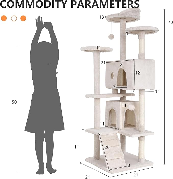 Heavy Duty Cat Tree with 70-Inch Tall Tower, 3 Perches & 2 Cozy Condos, Sisal Pole & Ladders for Large Cats, Beige