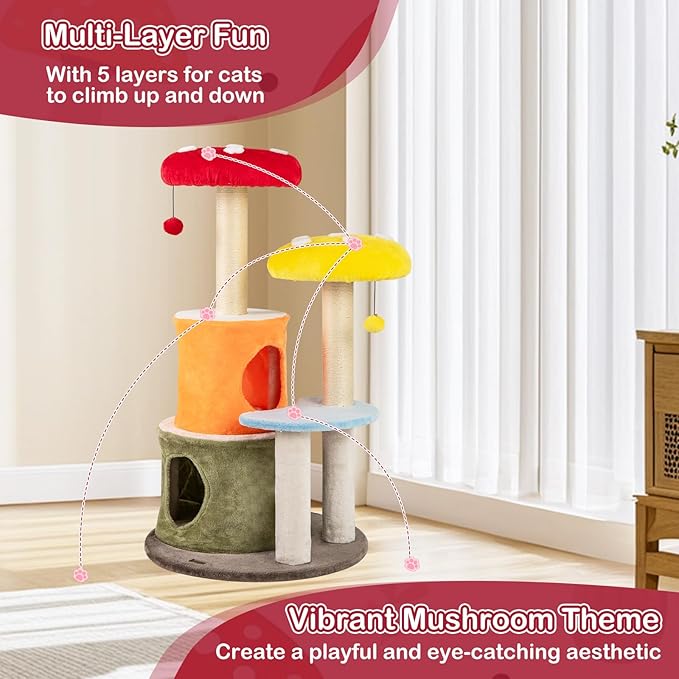 PETSITE Mushroom Cat Tree, Multi-Level Cute Cat Tree Tower with Sisal Scratching Posts, Cat Condo, Soft Plush Perches, and Dangling Toys for Indoor Cats (43 Inch)