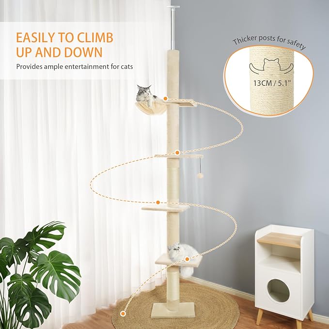 Floor to Ceiling Cat Tree, Cat Tower with Adjustable Height 98-110 Inches, 5 Tiers Tall Cat Tree Floor to Ceiling with Cozy Bed,Platforms, Sisal Scratching Posts for Cats Beige
