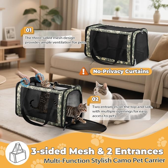 Cat Carrier Soft 25lbs Two Loading Pet Carriers Portable Small Dog Puppy Airline Approved Carrier with Side Pockets Foldable Portable for Outdoor Car Digital Grey