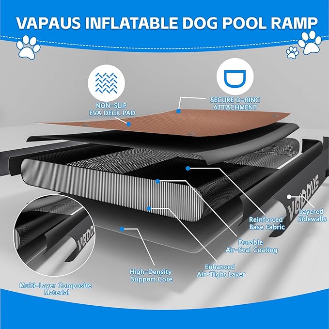 Vapaus Inflatable Dog Boat Ramp for Large Dogs – Floating Pup Ladder with Anti-Slip Surface, Portable Dog Water Ramp for Pool Dock Lake Boat – Heavy Duty Pet Boarding Platform