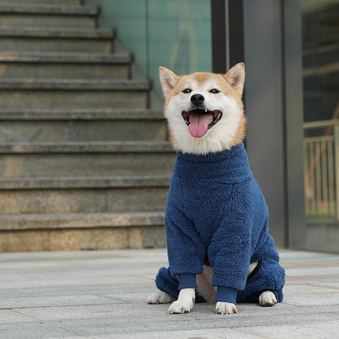 ROZKITCH Dog Full Body Winter Coat Cold Weather Jacket with Harness Opening, Pet Fleece Pajamas with Stretchy Legs & No-Zip Design Snug Fit for Small Breeds Blue M