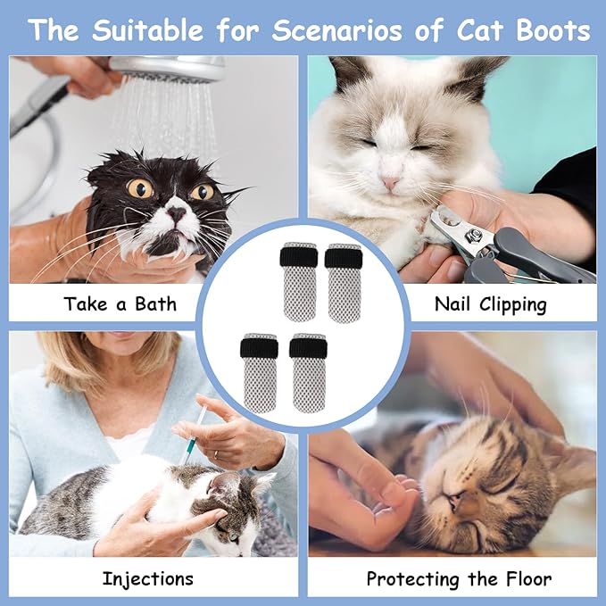 4 Pcs Cat Boots, Paw Covers Anti-Scratch Cat Foot Protectors, Adjustable Mesh Non-Slip Breathable, Suitable for Pet Bathing, Cutting Nails, Injecting (S, Gray)