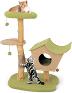 Tangkula Cat Tree, Solid Wood Cat Tower with Jute Scratching Post, Condo, Perch, Jingling Ball, Multi-Layer Activity Center, Modern Cute Cat Tree for Indoor Cats