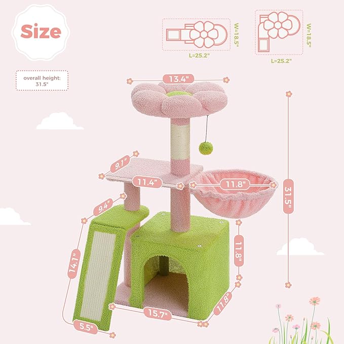 PETEPELA Flower Cat Tree for Indoor Cats, 31.5'' Small Cat Tower Cat Condo with Sisal Scratching Ramp+Mushroom Cat Scratching Post, Cat Scratcher Cute with 100% Sisal Covered Scratching Post