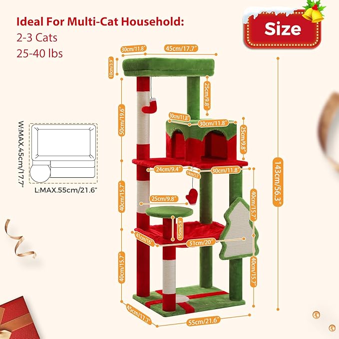 PETEPELA Christmas Cat Tree for Indoor Cats, 5-Level Cat Tower with Large Hammock (20"x 16"), Cozy Condo and Scratching Posts, 56.3" Tall Cat House with Big Top Perch & Christmas Tree Scratching Pad