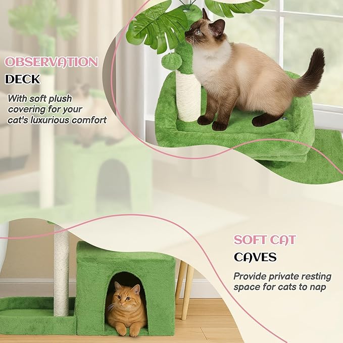 Outvita Cat Tree 36in Monstera Cat Tower with Leaves, Multi-Level Cat Tree Tower with Cat Scratching Post, Cozy Cat Condo, Padded Beds, Dangling Ball for Kittens and Indoor Cats, Green