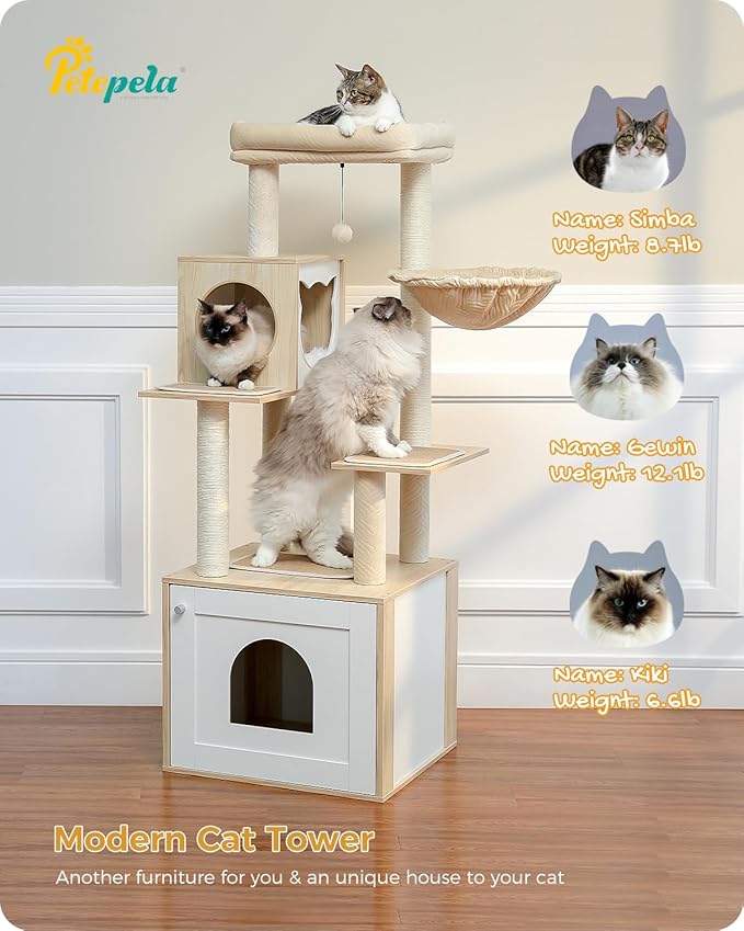 PETEPELA 56.7" Cat Tree with Litter Box Enclosure Large, Wood Cat Tower for Indoor Cats with Storage Cabinet and Cozy Cat Condo, Sisal Covered Scratching Post and Repalcable Dangling Balls, Beige