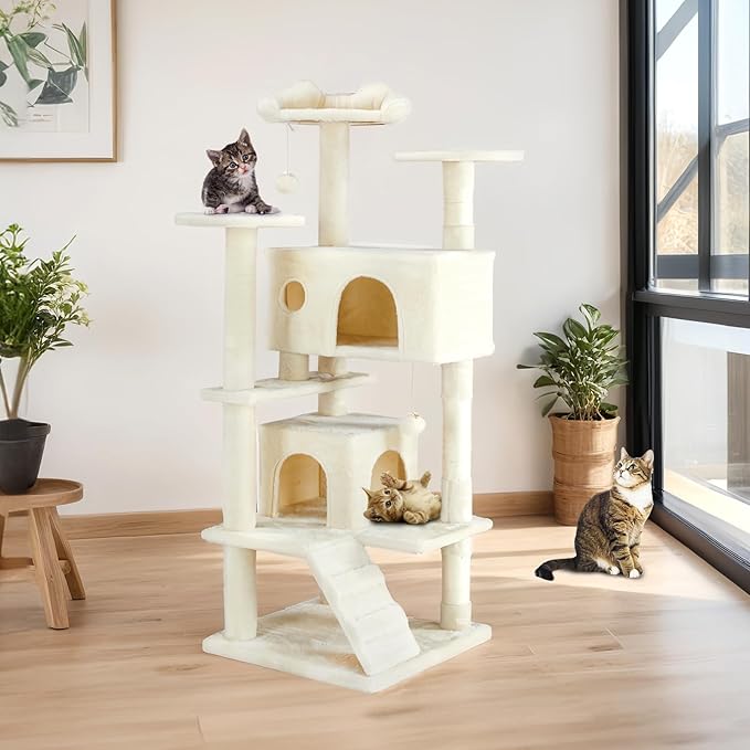 54-Inch Cat Tree Tower with Condo & Platforms, Multi-Level Cat Climbing Tree for Indoor Cats, Sturdy Cat Treehouse with Soft Fabric & Scratching Posts, Beige