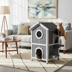 GEGURI Outdoor Cat House Winter-Proof, Two-Story Insulated Cat Shelter for Feral Cats with Thermal Layer, Removable Roof, Balcony & Escape Door, Weatherproof & Warm Shelter for Cats
