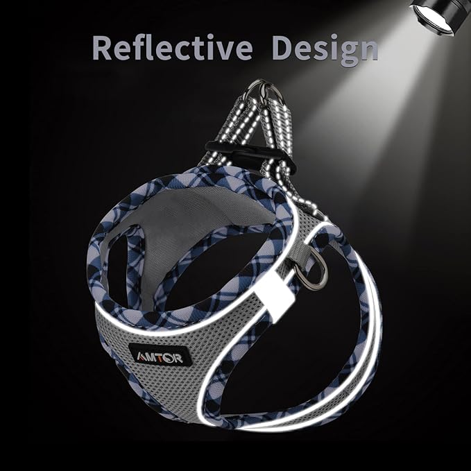 AMTOR Small Dog Harness with Leash Set, No Escape Easy Walk Puppy Harnesses for Training Walking, Step-in Reflective Soft Dogs Vest for XS S Medium Extra-Small Large Sized Dog(XXS,Grey)