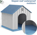Small Dog House Indoor，Weatherproof Resin Outdoor Dog House with Elevated Floor and Air Vents, Medium Small Dog Kennel Outside (Light Blue, 26.26" L×24.57" W×25.83" H)