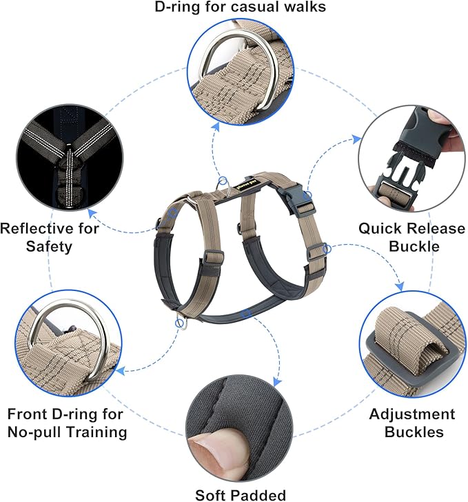 Plutus Pet No Pull Dog Harness, Adjustable Nylon Harness with Soft Padding, Reflective and Heavy Duty Dog Harness for Small, Medium, Large Dogs(Beige, M)