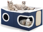 Shikha Cat Beds for Indoor Cats, Extra Wide Cat Cube House for Multi Cats, Foldable Cat Cave Hideaway with Arc-Edge Design & Oval Door, Reversible Cushion for All Seasons, 24"L x 17.7"D x 12.6"H, Blue