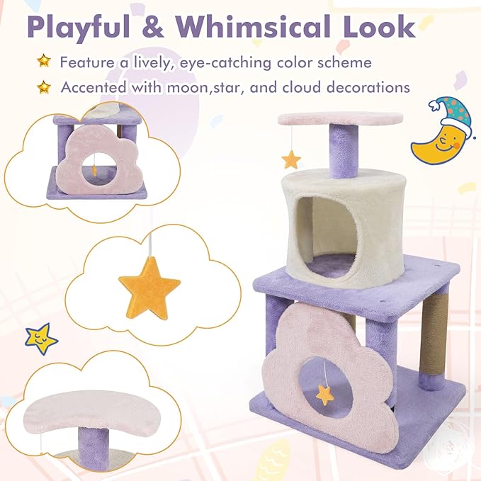 Tangkula Cute Cat Tree, 31.5 Inch Multi-Level Cat Tower with Jute Scratching Posts, Condo, Top Perch, Hanging Toy, Moon & Star & Cloud-Shaped Accents for Indoor Cats (Purple+Pink+White)