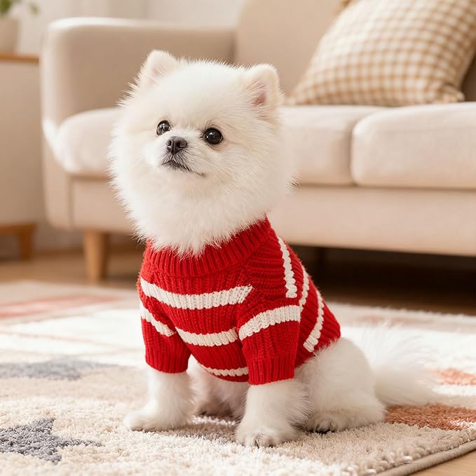 XS Dog Sweater with Cute Pocket, Striped Soft Stretchable Warm Puppy Clothes for Small Dogs Cats, French Bulldog, Chihuahua for Winter(red,X-Small)