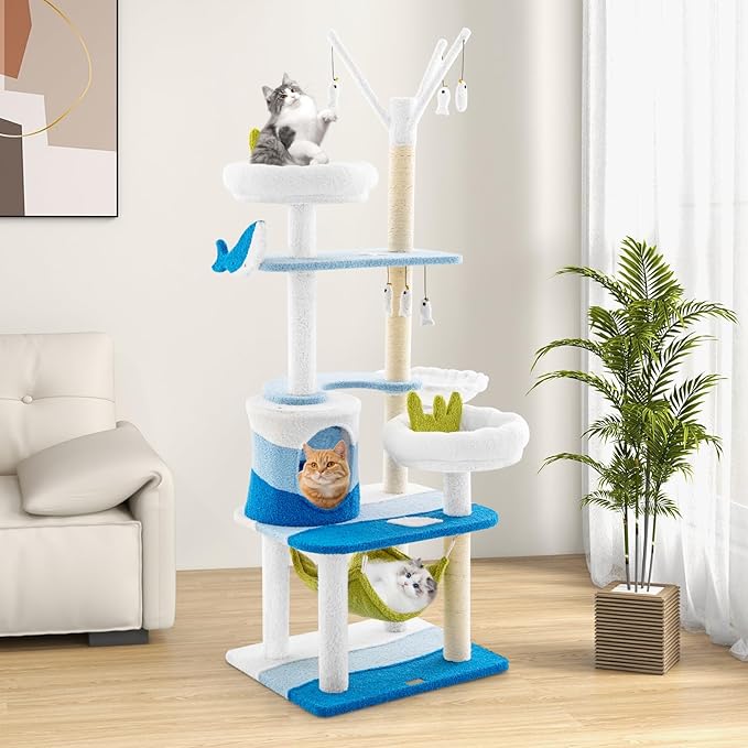 PETSITE Ocean-Themed Cat Tree for Indoor Cats, Multi-Level Cat Tower with Natural Sisal Scratching Posts, Hanging Toys and Padded Top Perch, Modern Cat Tree for Large Cats 20 lbs Heavy Duty (65")