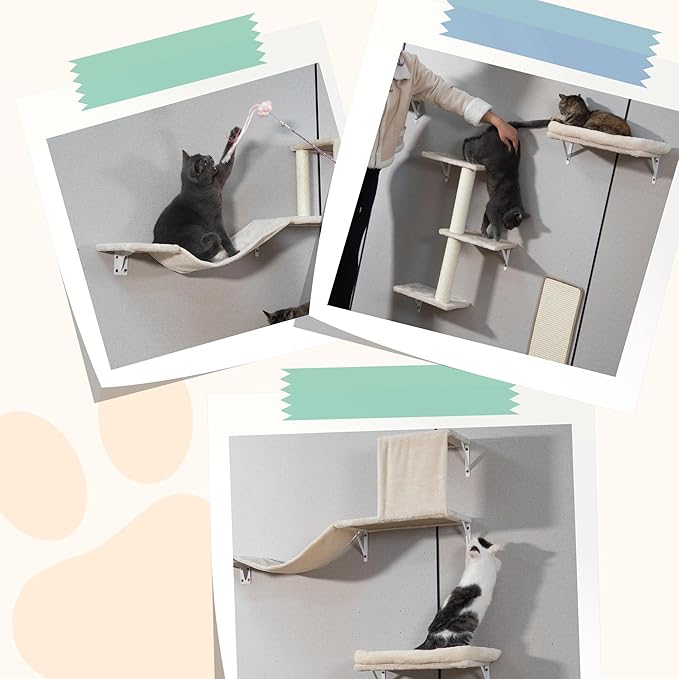 COZIWOW Cat Wall Shelves Set, 5-Piece Wall Mounted Cat Furniture with Cat Tree & Scratching Post, Floating Cat Perches for Indoor Cats（Beige）