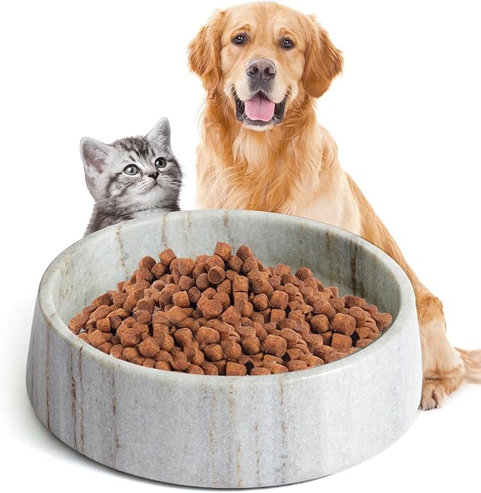 Gray Marble Dog Bowl, Non-Slip Non-Tipping Heavy Dog Food Bowl, Large Weighted Stone Dish, Natural Marble Pet Water Bowl, Easy to Clean, Present for Cat & Dog Lovers, Holds 6 Cups(6 lbs)