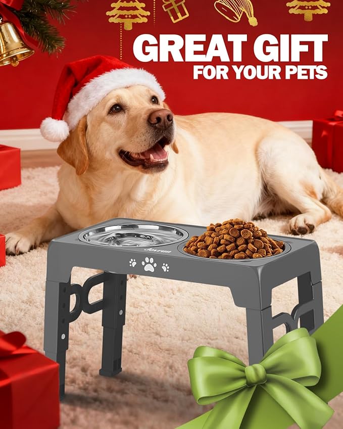 Elevated Dog Bowls for Medium Size Dogs, Non-Slip Dog Feeder with 1*Stainless Steel Dishes & 1*Slow Feeder Bowl, 5 Heights Adjustable Raised Bowls to 3.15″-8.66″-9.84″-11.02″-12.2″
