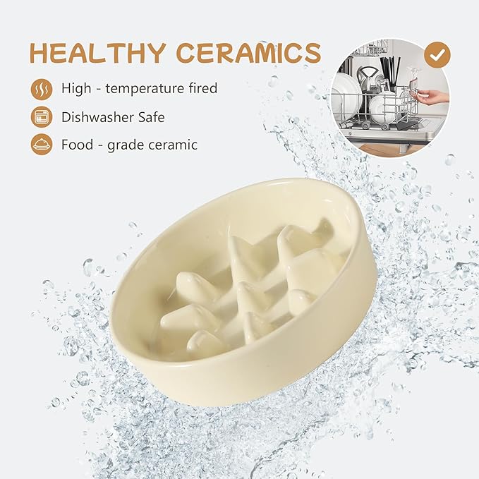Ceramic 0.9 Cup Raised Slow Feeder Dog Bowl Set, Elevated 6.1inch Slow Dish and 6.1inch Water Bowl with Wooden Stand for Small Dogs (2 x Light Yellow+ Stand)