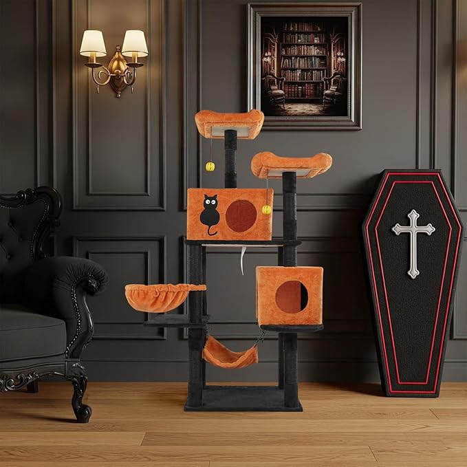 61" Halloween Cat Tree, Large Cat Tower with 2 Spacious Cat Condos, 2 Padded Perches, 2 Hammocks, Scratching Posts, Hanging Toy, Multi-Level Cat Activities Furniture for Large Cats, Orange & Black