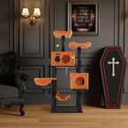 61" Halloween Cat Tree, Large Cat Tower with 2 Spacious Cat Condos, 2 Padded Perches, 2 Hammocks, Scratching Posts, Hanging Toy, Multi-Level Cat Activities Furniture for Large Cats, Orange & Black
