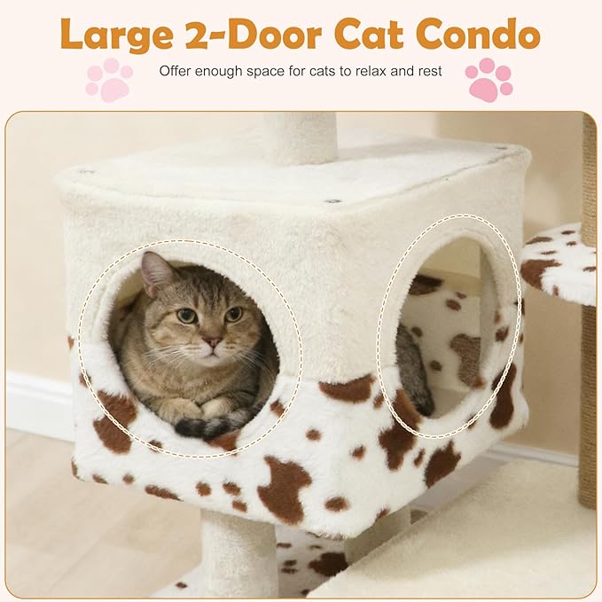 PETSITE 30-inch Small Cat Tree, Unique Cow Print Modern Cat Tree with Jute Scratching Posts, Comfy 2-Door Condo, Soft Upholstered Top Perch, Multiple Jumping Platforms, Ideal for Indoor Cats
