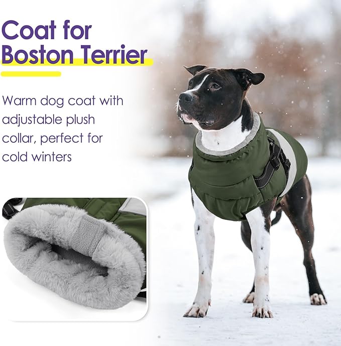 SUNFURA Small Dog Coat with Harness Built in, Warm Dog Jacket Winter with Zipper On Back, Waterproof Pet Snow Jacket Snowsuit Pet Sweater Clothes for Schnauzer, Yorkshire Terrier, Army Green S