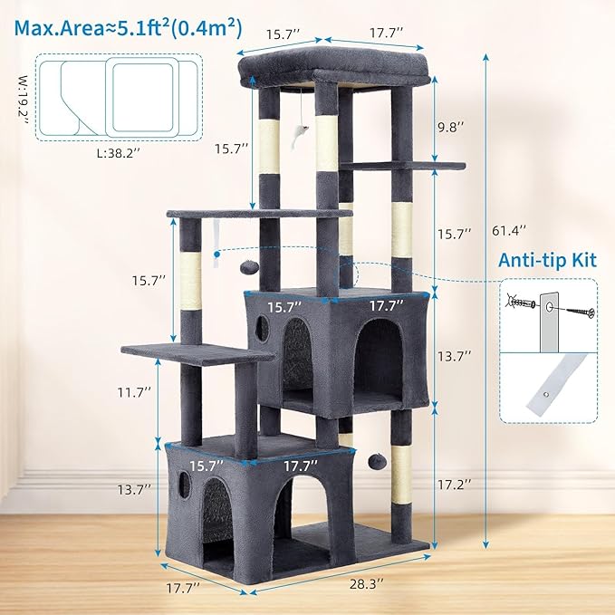 Cat Tree 61" Tall, Sisal Wrapped Scratching Post, Cat Nest, Hanging Ball, Extended Platform
