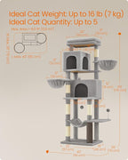 Feandrea Cat Tree, 69-Inch Tall Cat Tower, Multi-Level Plush Condo with 2 Caves, 2 Baskets, 5 Scratching Posts, Self-Groomer, Perch, Hammock, Dove Gray UPCT182G01