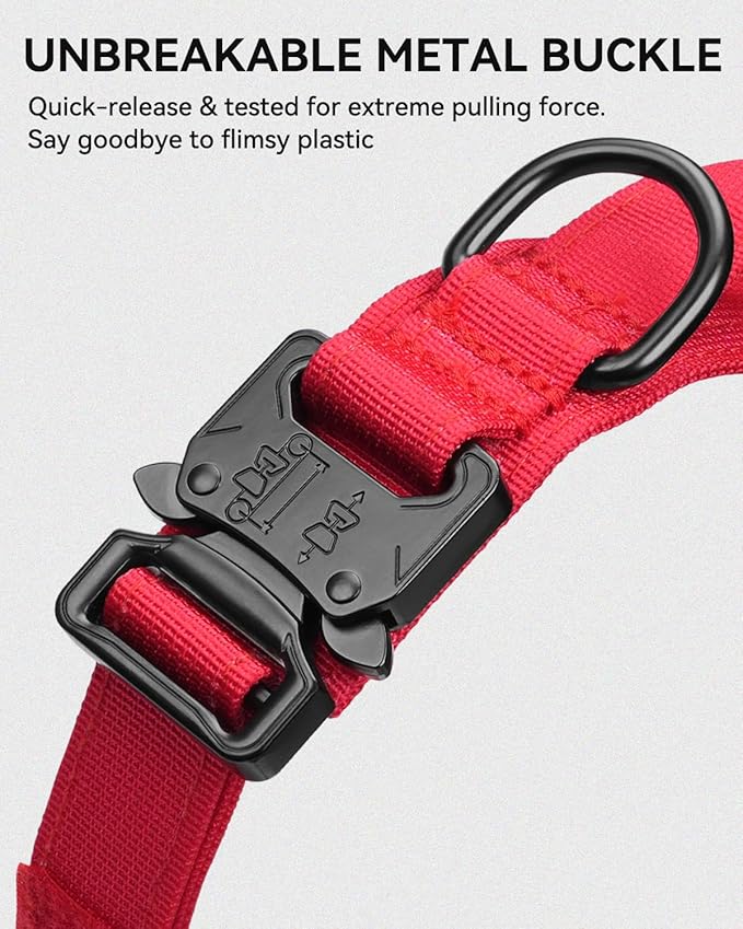 Joytale Tactical Dog Collar with Handle and Metal Buckle, Heavy Duty Padded Military Collar with 2 Patches for Training, Adjustable for Medium Dogs, Red, M