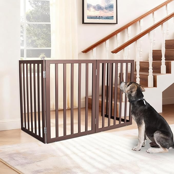 ZJSF Freestanding Indoor Dog Gate for House Foldable Wood Brown Puppy Gate for Doorways Pet Gate for Stairs Extra Wide Pet Fence 32" Height 3 Panels