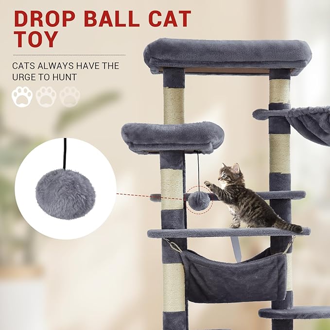 GarveeHome 67 in Cat Tree for Large Cats, Features Scratching Post, Cat Condo, Platforms, Tunnel, Hammock, Food Station & Bowls – Ideal for Indoor Cats, Dark Gray
