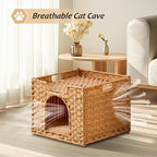 Cat Houses for Indoor Cats, Handwoven Rattan Cat Cave Pet Cube,Foldable Pet Cat House, Cat Beds with Double-Sided Mat, Hideaway, in Living Room Bedroom