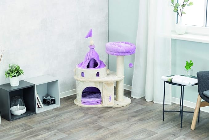 TRIXIE My Kitty Darling Castle Condo, Scratching Post, Cat Tree, Pom Pom, Crinkle Toy | Beige 27.5 x 14.75 x 35.25 in.