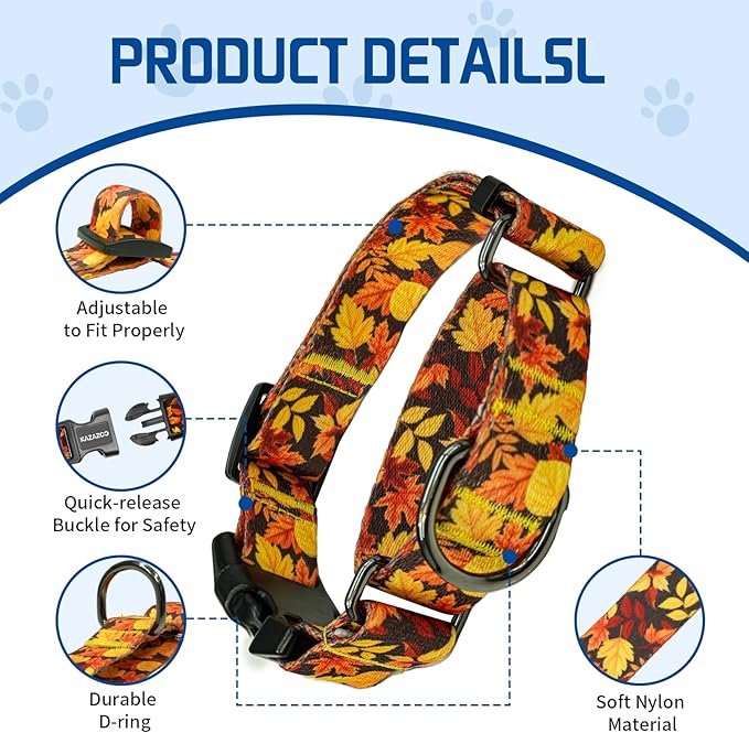 Kazazoo Martingale Collar for Dogs with Quick Release Buckle Adjustable Soft Durable Dog Collar for Small Medium Large No Pull Training Dog Collars-Maple Leaf S