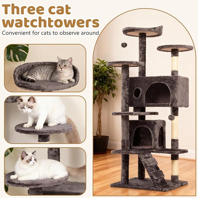 BestOffice 54 Inch Cat Tree, Multi-Level Cat Tower with Condo, Perches, Sisal Scratching Posts, Climbing Ladder,Indoor Activity Center Play House for Kittens & Adult Cats, Purple